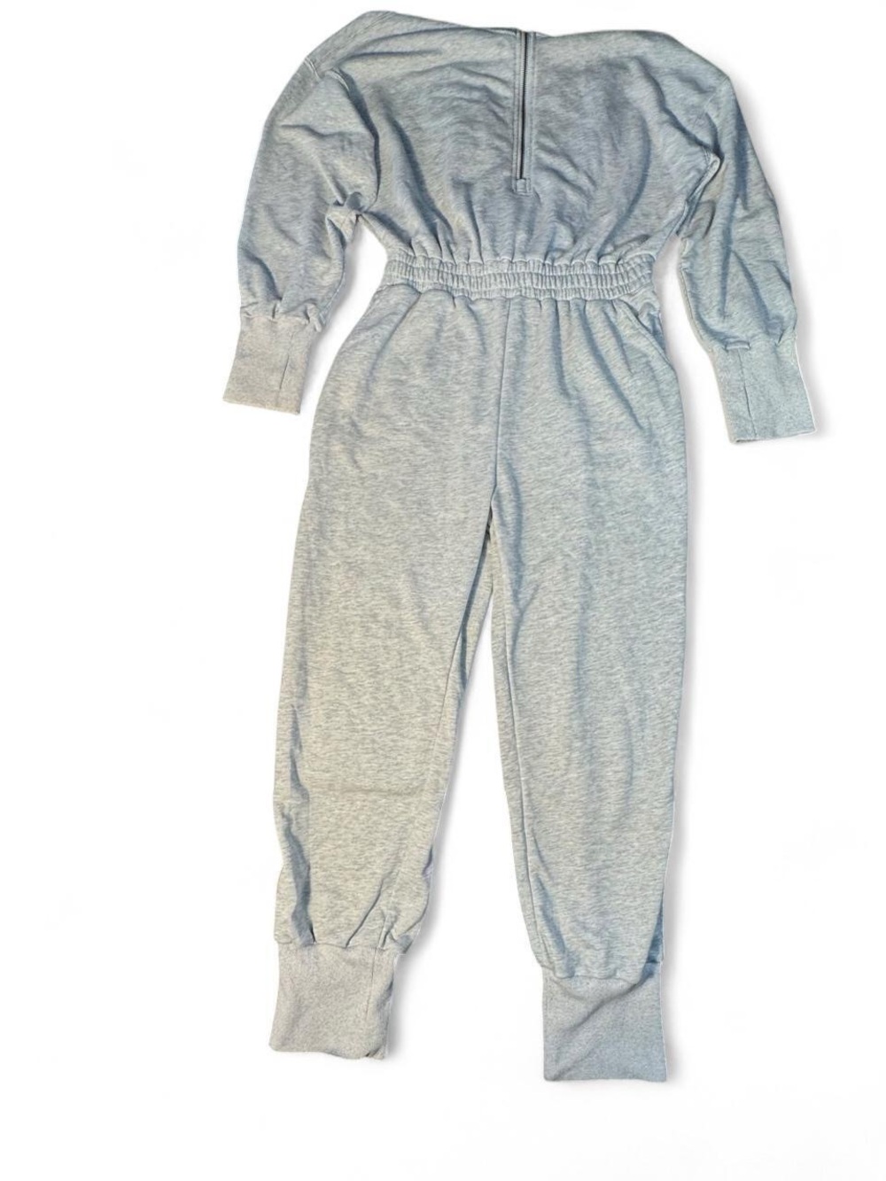 Women’s Long Sleeve Gray Zip Up Hooded Jogger Jumpsuit Romper L Cozy Soft Y2K